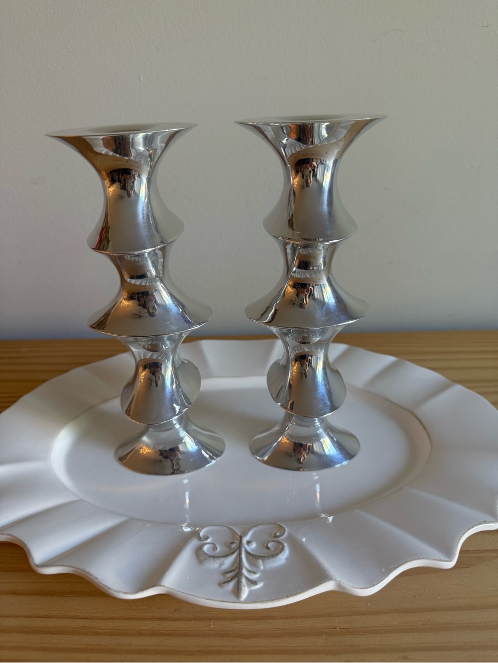 Vintage Nambé MT0017 Karim Rashid Silver-Toned Flared-Tier Candle Holders